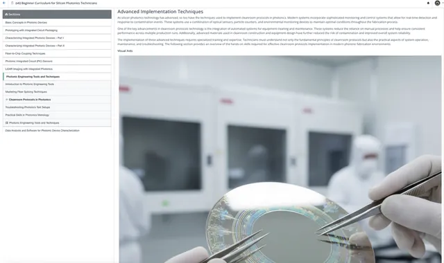 Advanced Implementation Techniques module showing cleanroom protocols and modular course sections