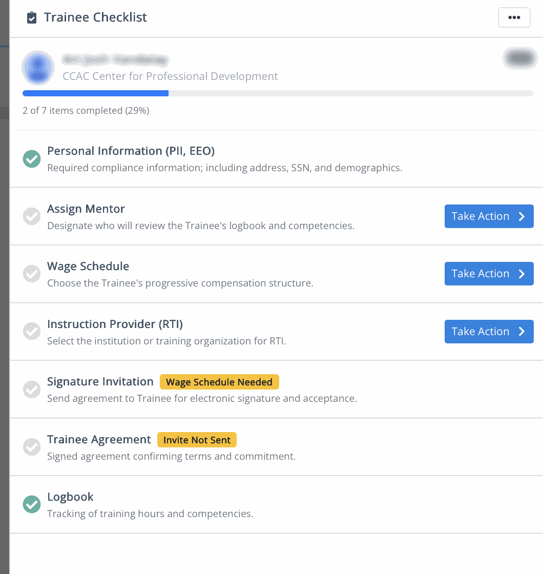 Apprentage compliance tracker showing onboarding progress