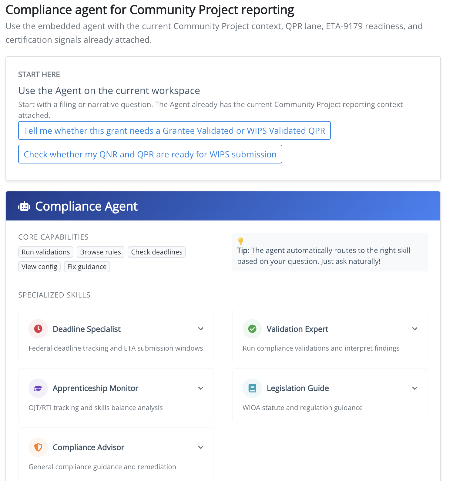 AI Compliance Agent workspace showing specialized skills and quick actions