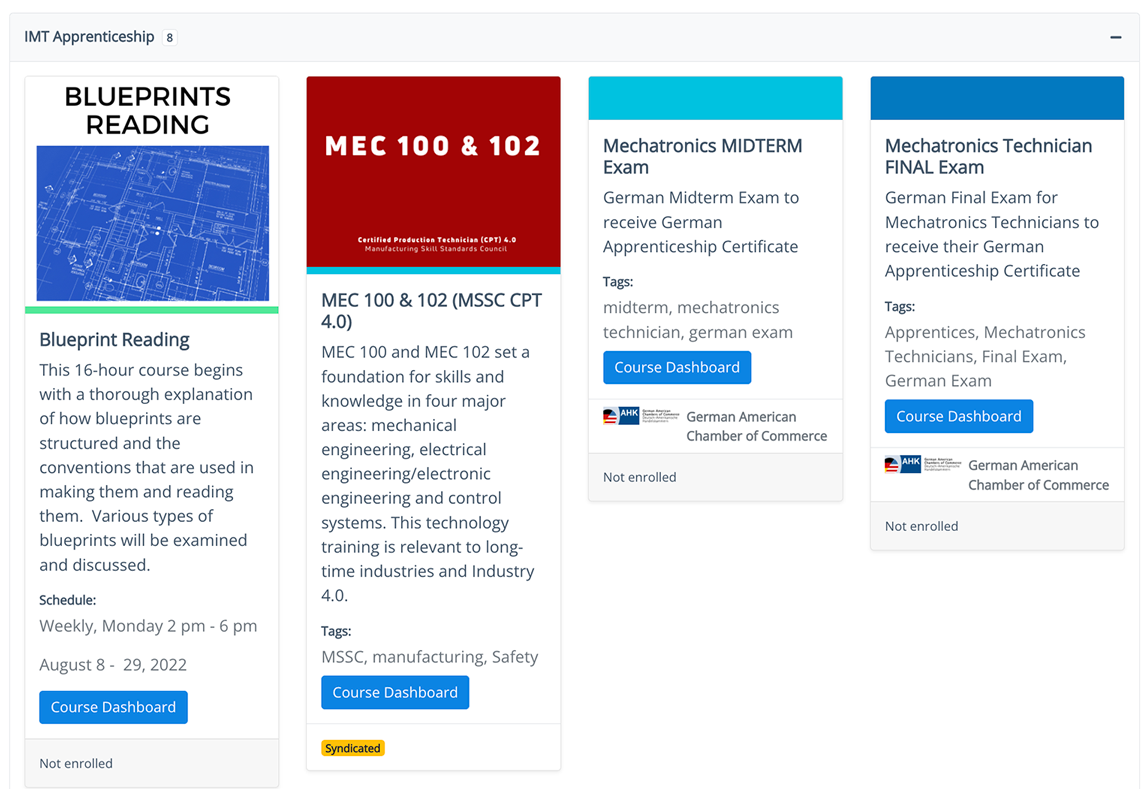 TurbineLMS course catalog showing multiple short-term programs